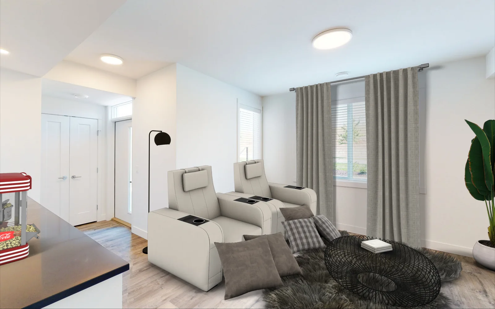 An Academy Ridge lock-off flex room furnished as a home theatre, first view