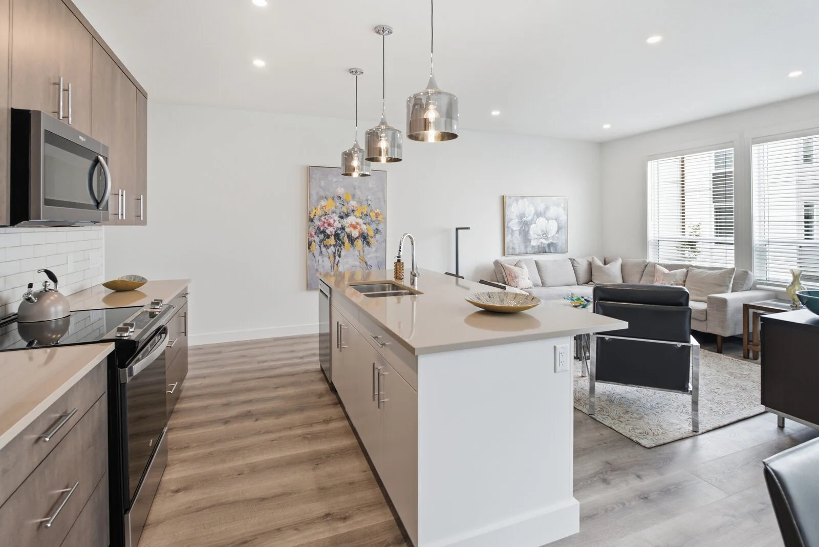 Kitchen island open to the living area in the Beta show home